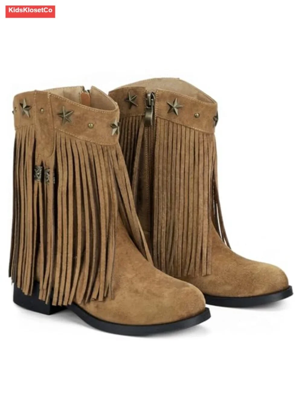 Girls Cowgirl Boots with Fringe - Faux Suede Side Zipper Non-Slip Round Toe